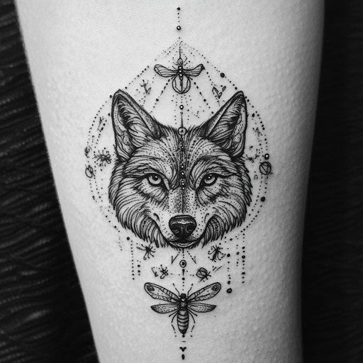 Tribal wolf tattoo in the style of Maria Sibylla Merian with a wolf and detailed insects