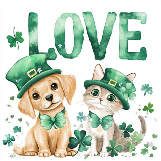 St. Patrick's Day with a cute Labrador Retriever and a cat wearing green hats with clovers, text 'LOVE' in large letters, clipart on a white background
