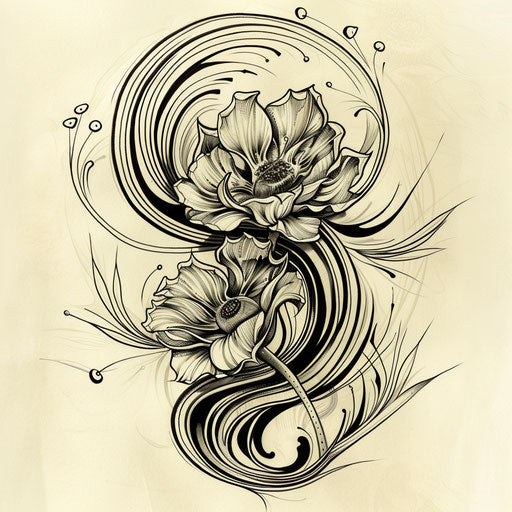 Dynamic tattoo sketch of October birth flowers in a swirling art nouveau style with flowing lines and organic forms