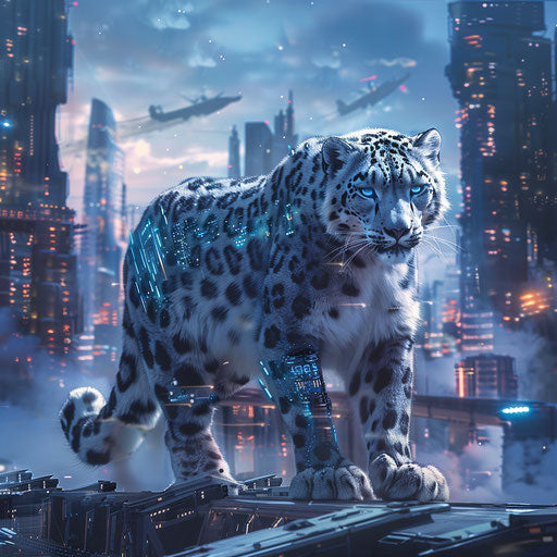 A cybernetic snow leopard in a futuristic urban landscape