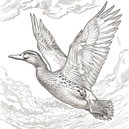 Majestic duck in flight, wings spread wide against a cloudy sky