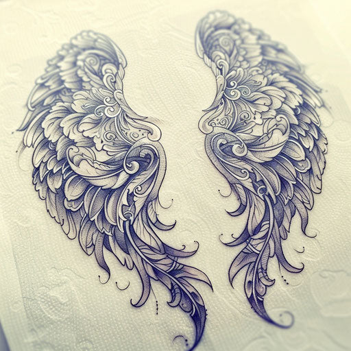 Art nouveau-inspired angel wings tattoo design on white canvas