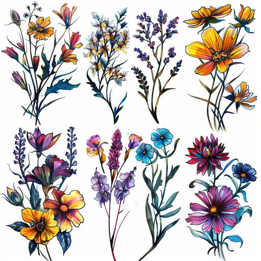 Collection of wildflower tattoos in stained glass art style