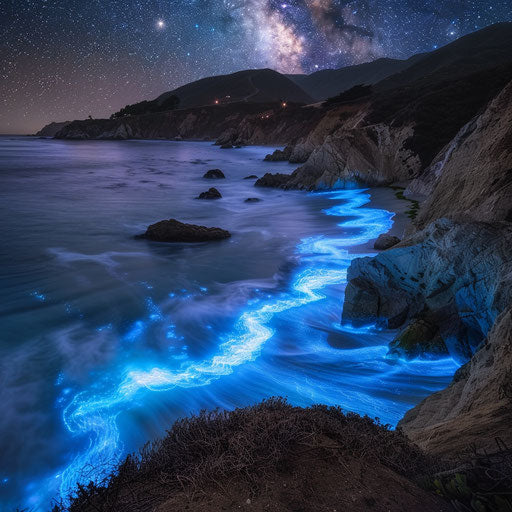 Cove with sparkling bioluminescent waves at night