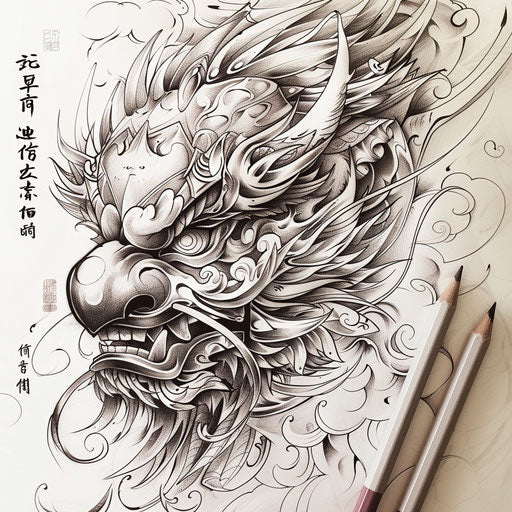 Elegant tattoo sketch of a Tengu with delicate curves