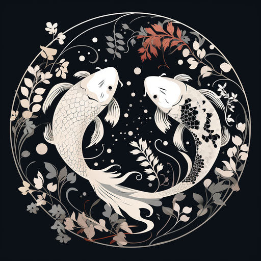 Two black and white Yin Yang patterns with two koi fish