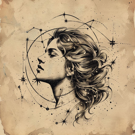 Vintage sketch of Virgo constellation with aged textures and retro details