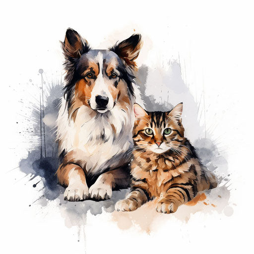 Dog and cat illustration in the style of Chiaroscuro Art, on a white background