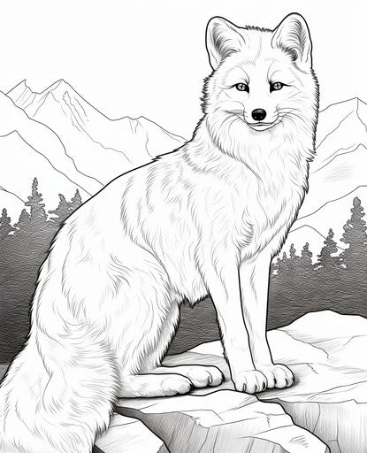 Arctic fox coloring pages, realistic style, captivating, light red and teal