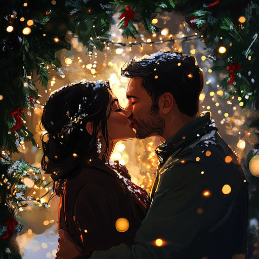 Kiss under sparkling mistletoe and gentle snow
