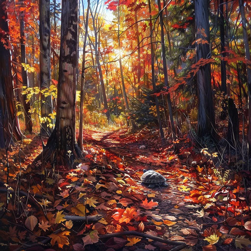 Sun-dappled forest floor with autumn leaves