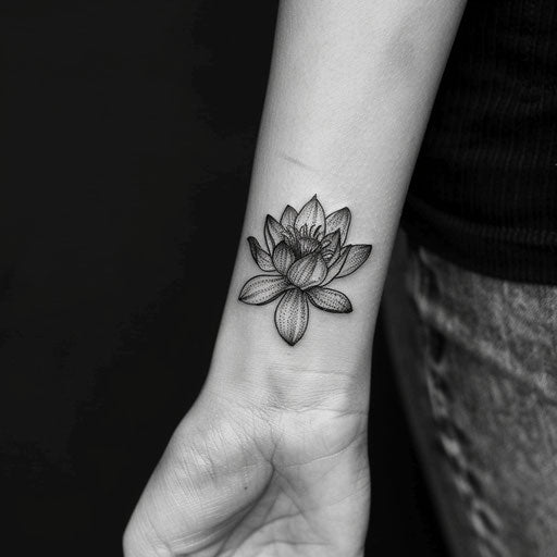 Lotus flower wrist tattoo in the style of J.P. Targete
