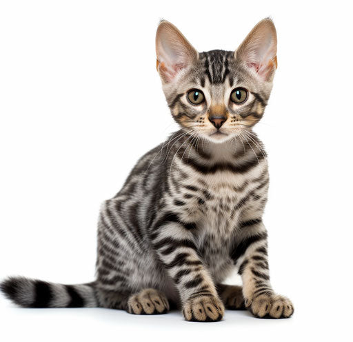 Tabby bengal kitten sitting with raised front legs on white