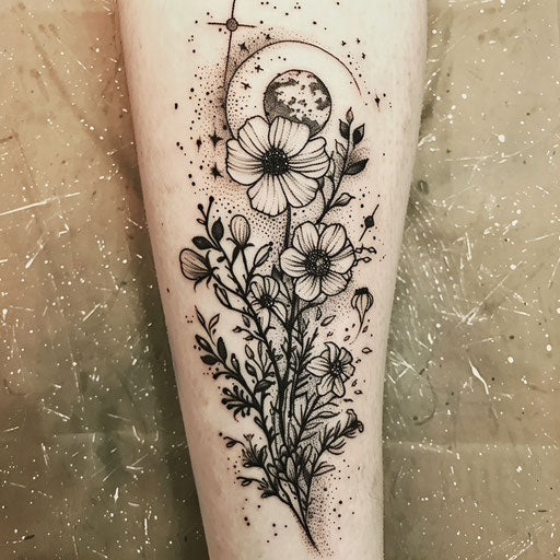 Wildflower and moon tattoo, celestial elements