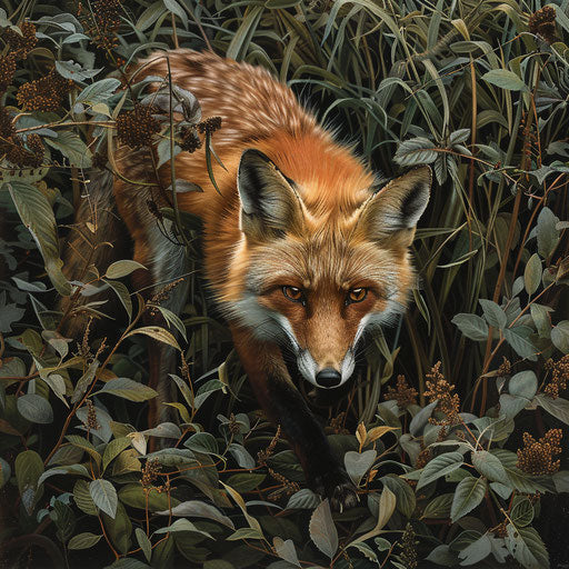 White tail fox navigating through a thicket of brambles