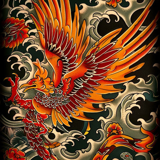 Traditional Japanese tattoo of phoenix rising from flames