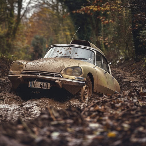 Vintage Citroen DS 20 with oversized tires navigating muddy track