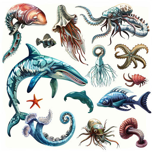 Sea creatures clipart with photo realistic style on white background