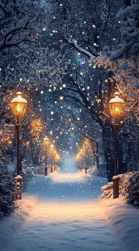 Magical snowy garden with fantasy lanterns