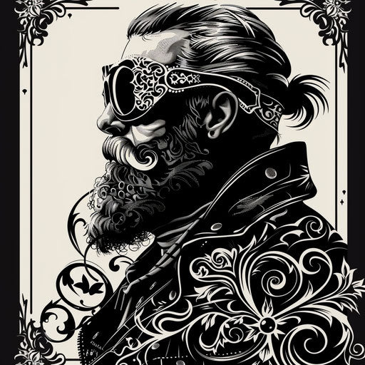 Elegant sketch of biker with detailed filigree designs