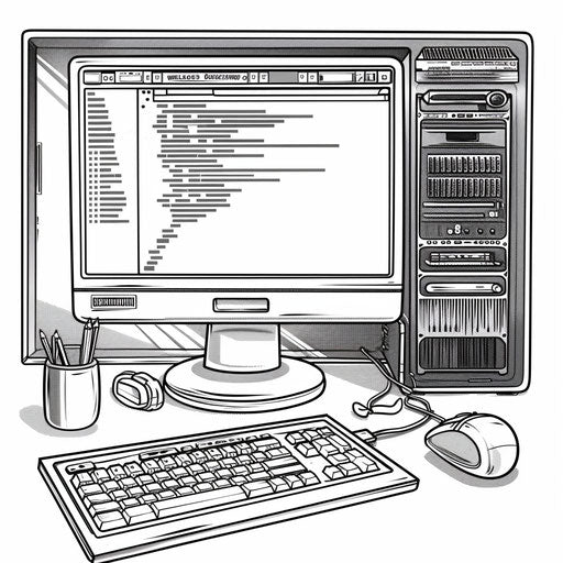 Detailed illustration of a computer with a coding program running. Coloring book page