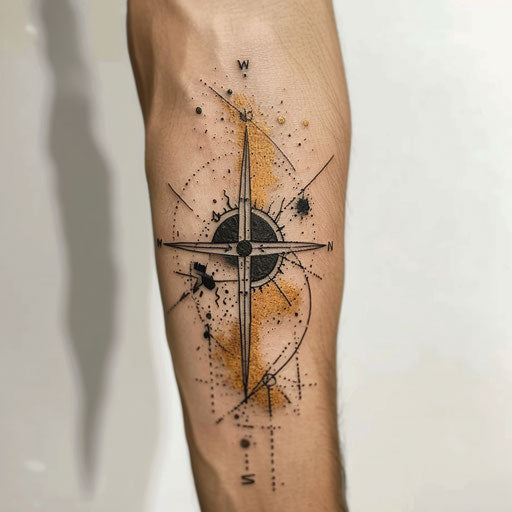 Artistic true north tattoo with an abstract compass