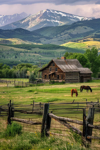 Rustic log cabin in rocky mountains with grazing horses