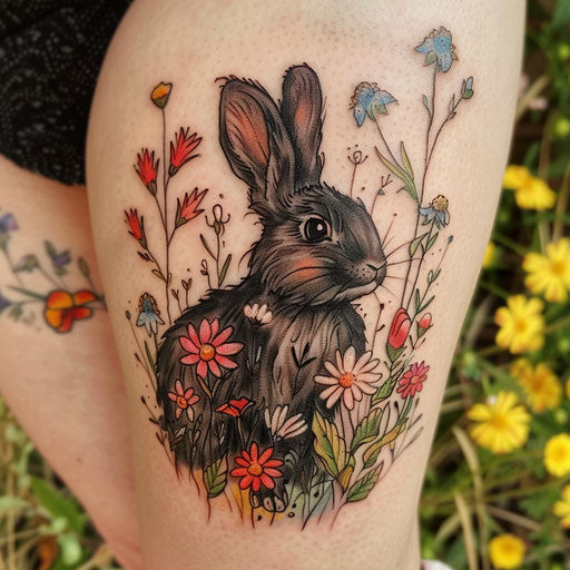 Black rabbit in a field of colorful wildflowers