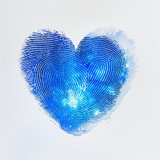 Neon blue fingerprint heart tattoo on white background