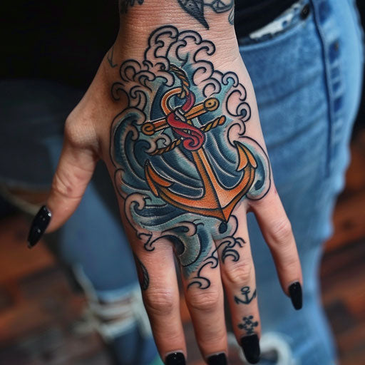 Classic naval-themed hand tattoo with anchors and waves for women