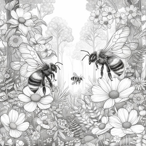 Magical forest with enchanted bumble bees, coloring page