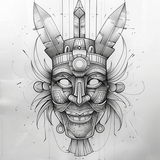 Cultural flat tattoo sketch of a traditional mask outlined with one line