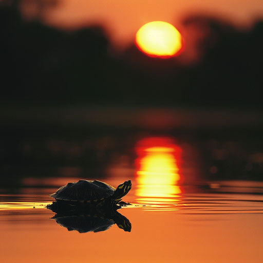 Spotted yellow turtle against setting sun