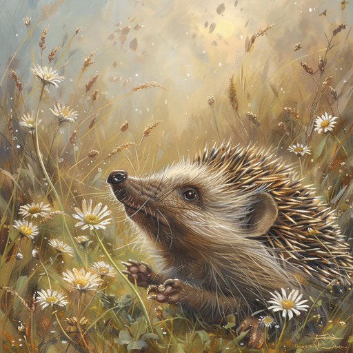 Hedgehog sniffing a daisy in a wild meadow