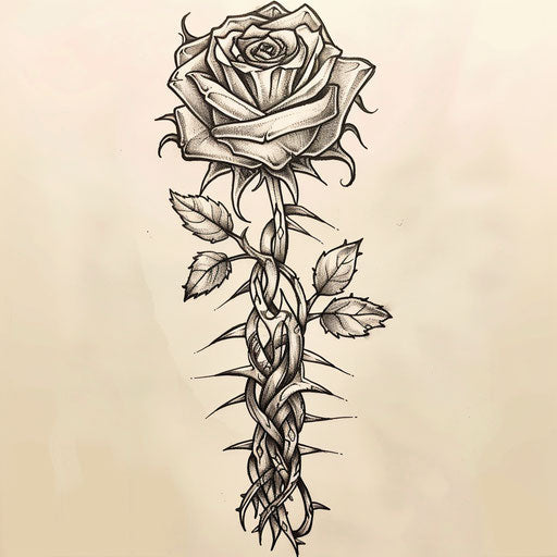 Flat tattoo sketch of a rose with thorny vine wrapping in a Celtic knot pattern