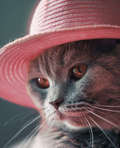 A cat in a pink hat, light white and light maroon style