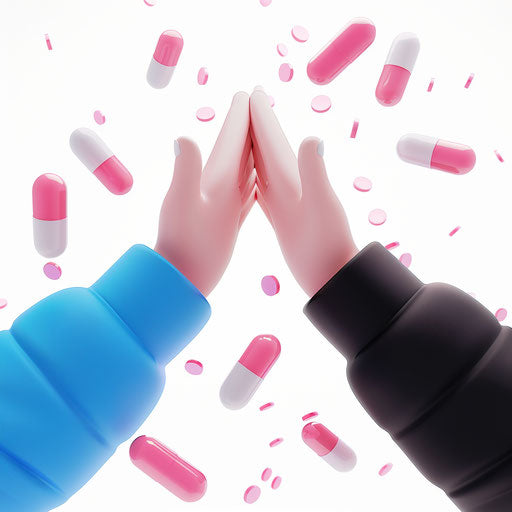 Two hands high fiving, one in blue sleeve, other in black shirt with pink pills flying around