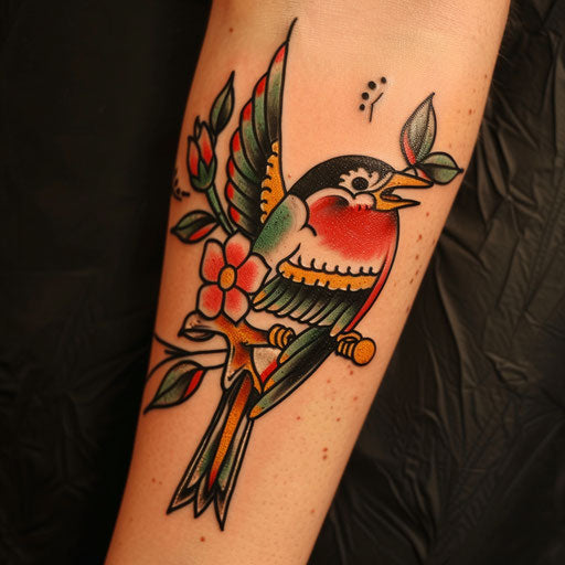 Arm tattoos for women in the style of Sailor Jerry with a traditional swallow and dagger