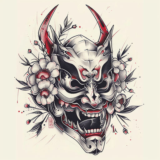 Stylish flat tattoo sketch of a Hannya mask with Art Deco embellishments