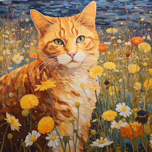 Ginger cat in a field of flowers