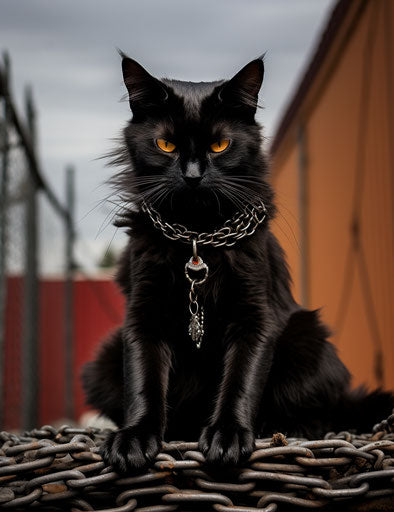 Black cat on chain link fence in house, in derppunk, icepunk style, full body 24:31