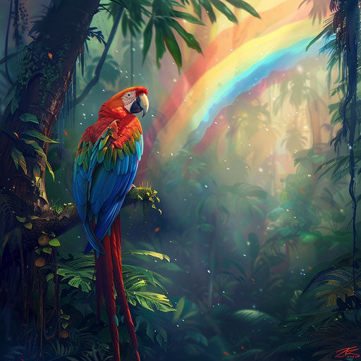Macaw under a rainbow in the rainforest