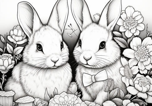 Adorable coloring page with rabbits and flowers