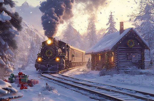 Vintage steam train in snowy Christmas countryside