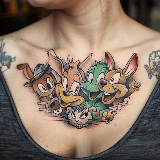 Humorous collarbone tattoo with cartoon characters in unexpected situations