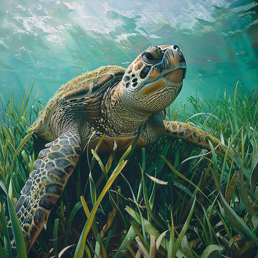 An olive ridley sea turtle traversing a bed of seagrass
