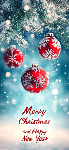 3D red Christmas ornaments on a blue snowy background