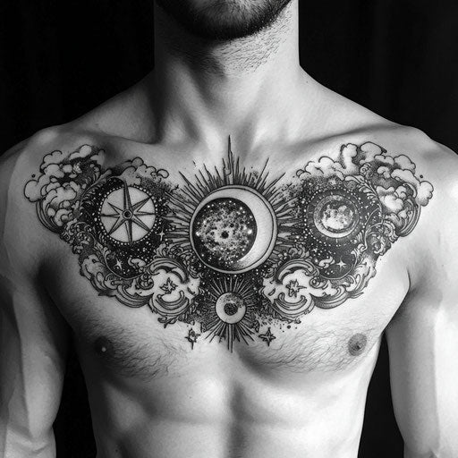 Small chest tattoos for men with celestial elements, in the style of J.P. Targete