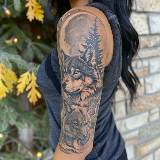Wolves and moon in black and gray on sleeve tattoos