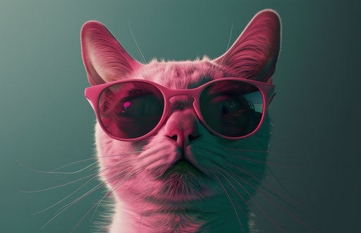A cat with pink sunglasses on green background, beeple style